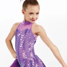 Lilac skirted leotard with iridescent sequins and mesh neckline
