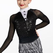 Black and white biketard with sequin bodice, mesh sleeves and ombre fringed skirt
