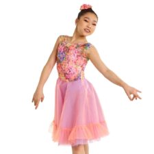 Pink and floral flowy skirted leotard