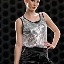 Silver sequin mesh top with black trim