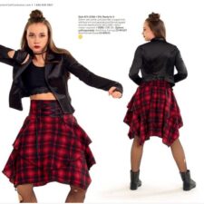 Black satin jacket, lace hemmed crop top and flannel tartan skirt with attached briefs