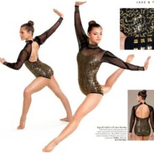 Gold and black sparkle leotard with mesh sleeves