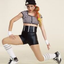 Black and white stripe crop top and black high waisted shorts