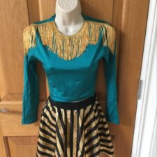 Turquoise and gold fringe top and stripe foil skirted briefs