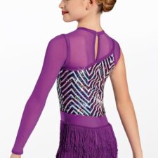 Bright purple fringed biketard wit multi colour sequins and a single mesh sleeve