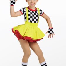 Yellow, black, white and red check skirted biketard (hair bow, mitts and socks not included)