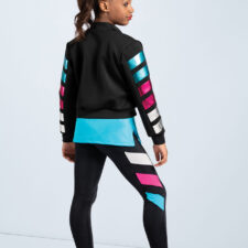 Black jacket, turquoise top and leggings with metallic stripes