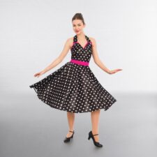 Black, pink and white spotty dress with white tutu underskirt