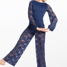 Navy jumpsuit with lace legs and sleeves