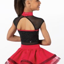 Black sequin and mesh bodice with red skirted briefs