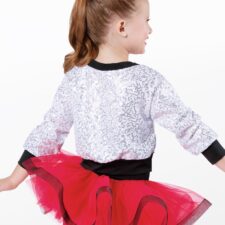 Red and black skirted biketard with rainbow sequin over top