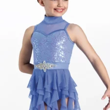 Periwinkle sequin leotard with chiffon cascading hemmed skirt and diamante embellishment