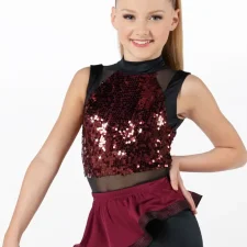 3 piece costume with black cherry and black mesh biketard, black cherry angled skirt and black fringe skirt