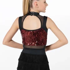 3 piece costume with black cherry and black mesh biketard, black cherry angled skirt and black fringe skirt