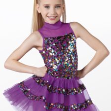Bright purple skirted leotard with sequins and mesh neckline (missing hair bow)