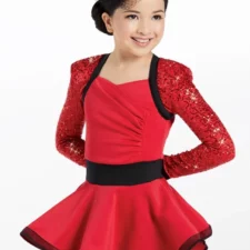 Red and black skirted leotard with sequin sleeves and wired hem (hat not included)