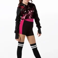 Black and pink biketard with sequin hooded over top (socks not included)