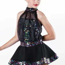 Black skirted biketard with multi colour sequin bodice covered by chiffon blouson top
