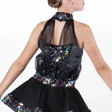 Black skirted biketard with multi colour sequin bodice covered by chiffon blouson top