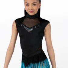 Turquoise and black fringed leotard with diamante trim