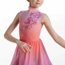 Coral and pink floaty skirted leotard with floral and sequin embellishment