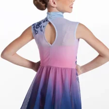 Coral and pink floaty skirted leotard with floral and sequin embellishment
