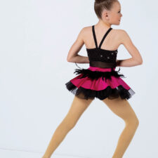 Black sequin leotard with pink peplum and feather trim
