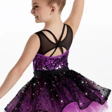 Purple sequin skirted leotard with black overlay (hair flower included)
