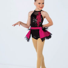 Black sequin leotard with pink peplum and feather trim