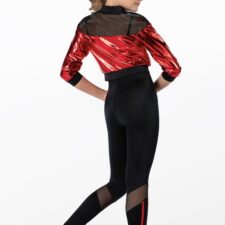 Black and red catsuit and red metallic jacket