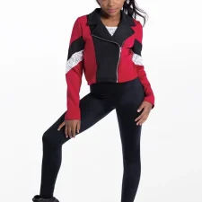 White sequin and black catsuit with red, black and white jacket and bandana