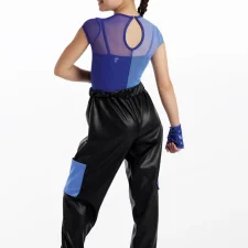 Yellow sequin leotard with mesh overlay and black pleather trousers (mitts not included)