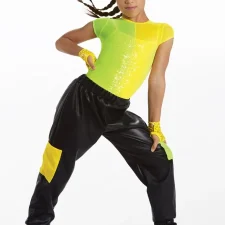 Yellow sequin leotard with mesh overlay and black pleather trousers (mitts not included)