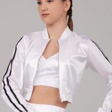 White satin jacket with black piping