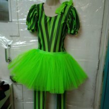 Neon green and black striped catsuit with tutu skirt and gloves
