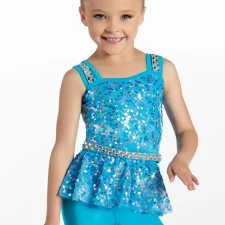 3 piece costume includes turquoise biketard with sequin belt, peplum sequin skirt and tutu skirt