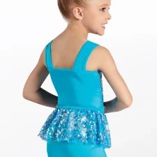 3 piece costume includes turquoise biketard with sequin belt, peplum sequin skirt and tutu skirt