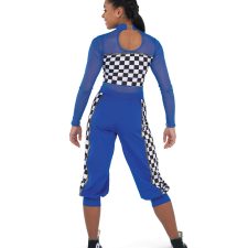 Yellow, black and white checkerboard cropped jumpsuit with mesh sleeves