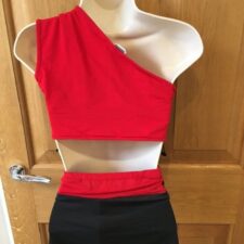 Red and black lace one shoulder crop top and shorts with beaded midriff