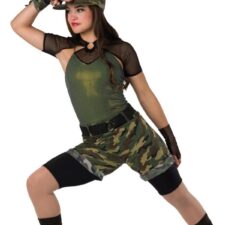 Iridescent khaki cropped catsuit with attached shrug, over shorts, hat and gloves