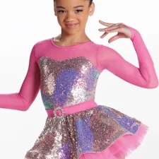 Bright pink skirted biketard with sequined bodice and skirt and mesh sleeves