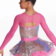 Bright pink skirted biketard with sequined bodice and skirt and mesh sleeves