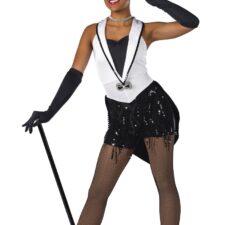 Black and white biketard with tails and tassels (hat and gloves not included)