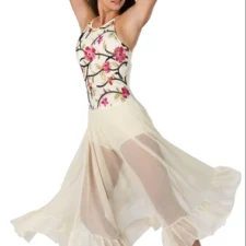 Embroidered Floral and creamleotard with long chiffon skirt