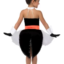 Penguin style velvet leotard with tails, tutu skirt, spats, gloves and feathered hat