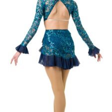 Teal and blue sequin skirted leotard with lace sleeves