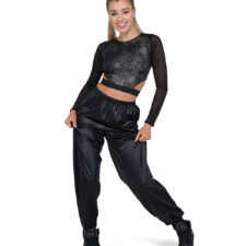 Wet look grey tie dye and fishnet crop top and hip hop trousers