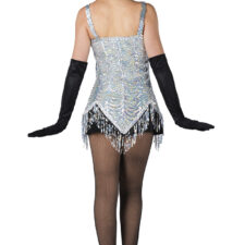 Silver sequin and black dress with diamante insert and feather hairpiece (briefs included)