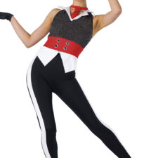 Black, white and red catsuit with pinstripe bodice and neck tie (hat and gloves not included)