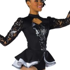 Black and silver leotard with peplum and lace sleeves and fascinator hat